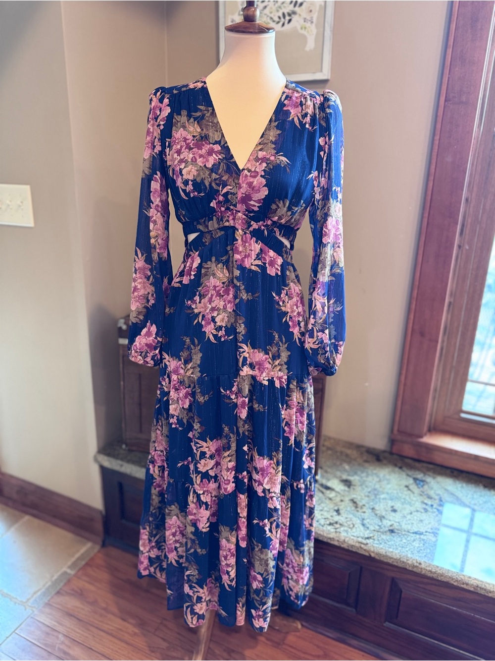 NWT Sophia Jeans Navy Floral Maxi Dress with Pink Blooms size xs